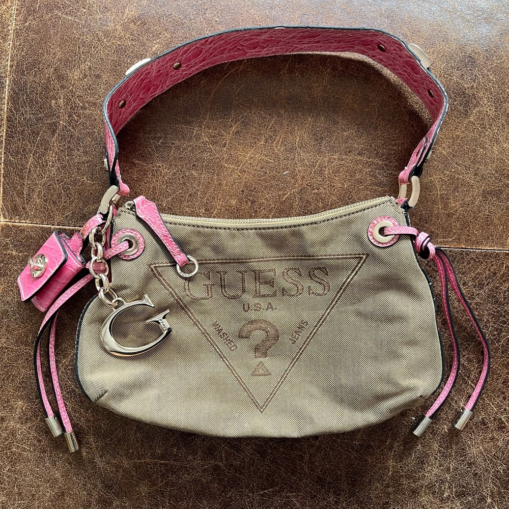 Y2K Guess Pink Brown Mini Shoulder Bag Big Logo Photo Keychain McBling Vintage